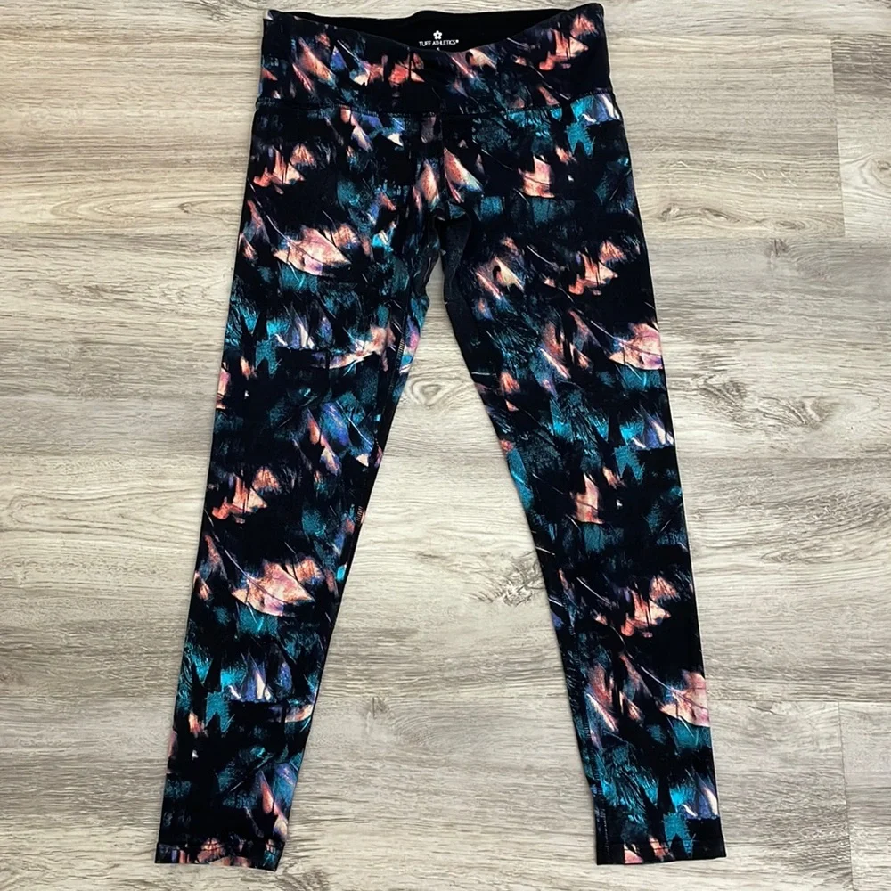 Tuff Athletics Black with Colorful Leaf Print Stretchy Cropped Leggings Size S